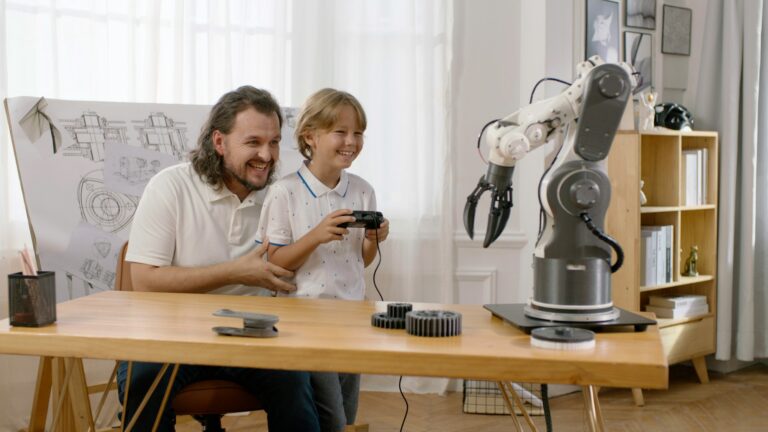People working alongside a robotic arm representing human and AI workflow collaboration