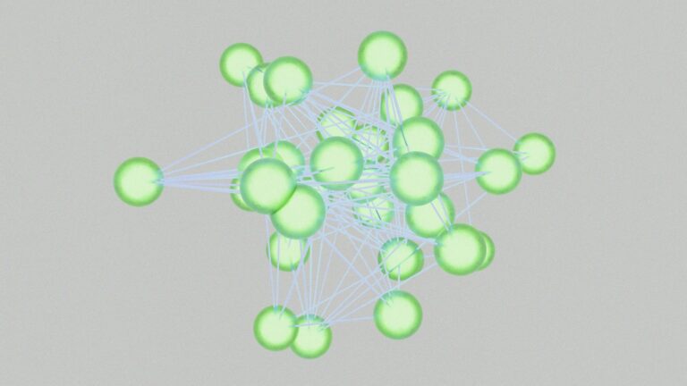 Glowing green nodes interconnected in a cluster network representing topical content clusters