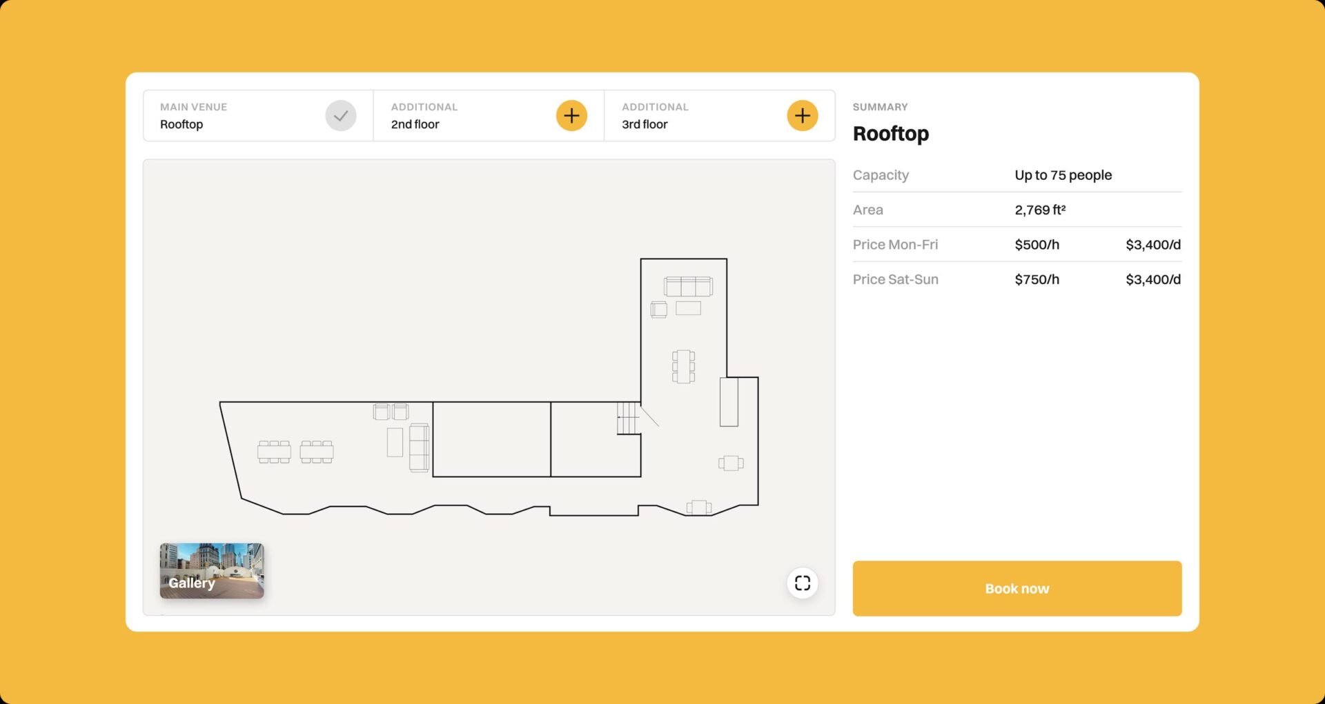 The Farm Soho event-space booking interface showing venue, floor plan, capacity, area and pricing
