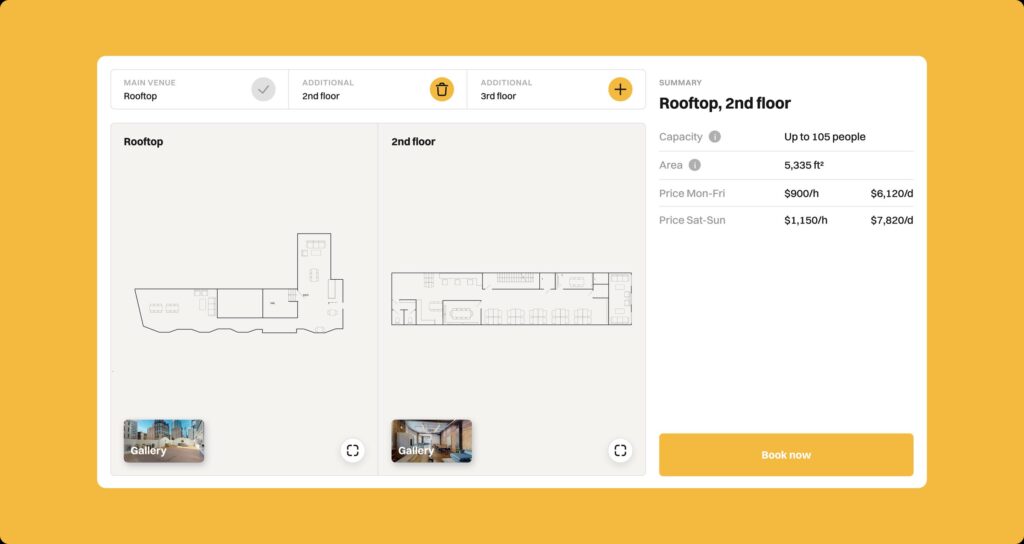 Combine multiple floors in one booking — capacity and pricing recalculate live.