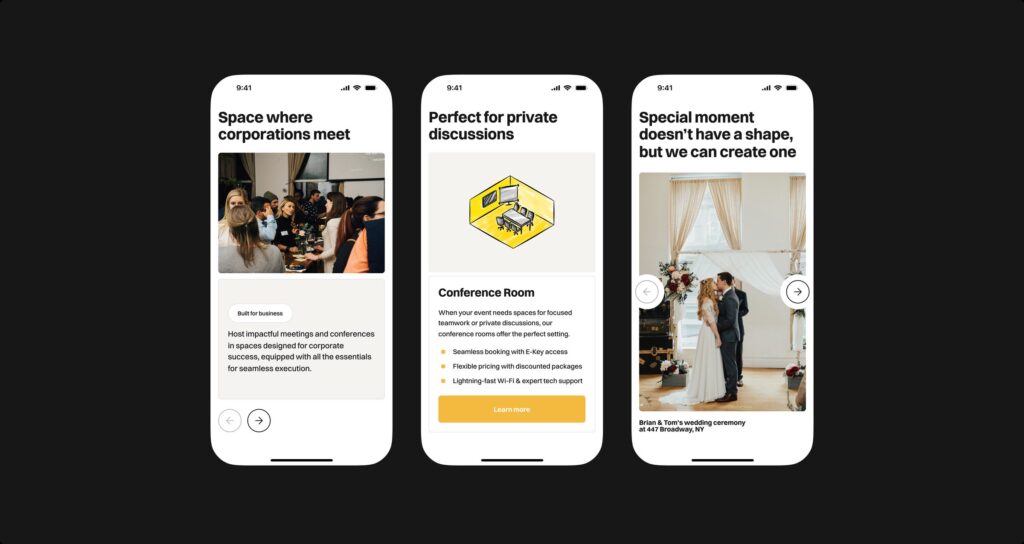 Responsive product pages across every service line — events, meetings, and weddings.