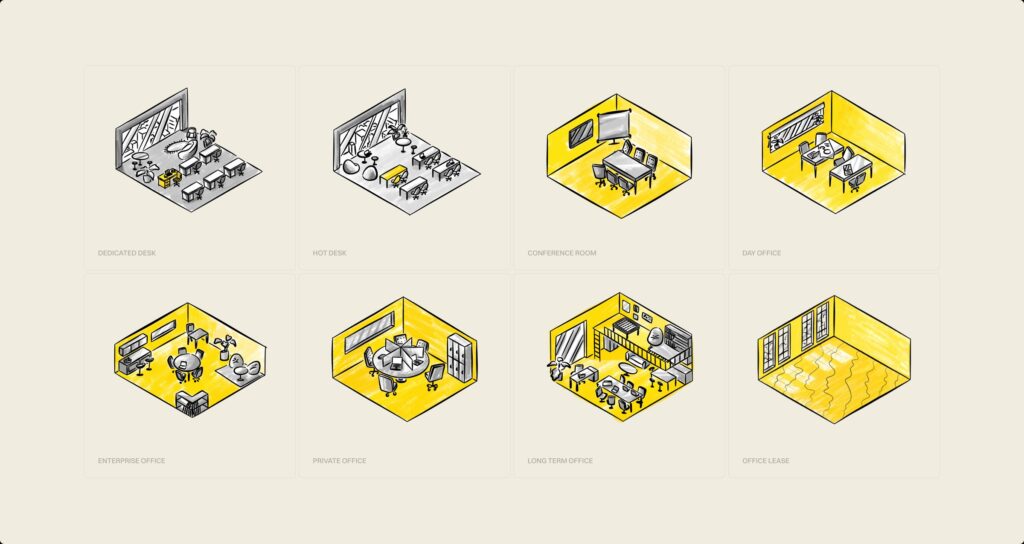 A custom illustration system that maps every product, from hot desk to office lease.