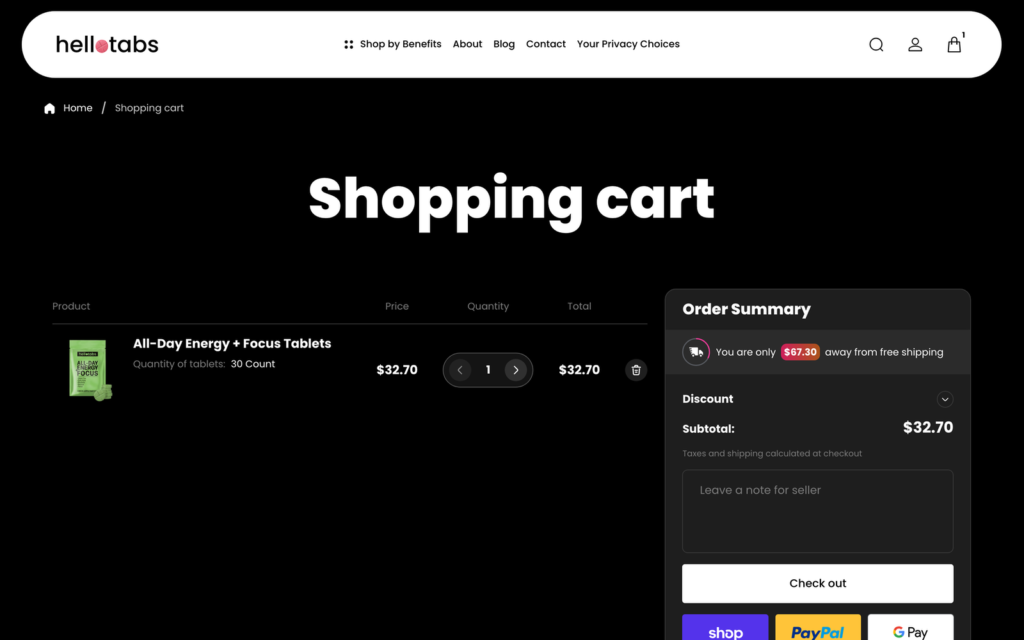 A rebuilt cart and checkout — order summary, free-shipping progress and one-click pay — carrying each product's purchase choice through.