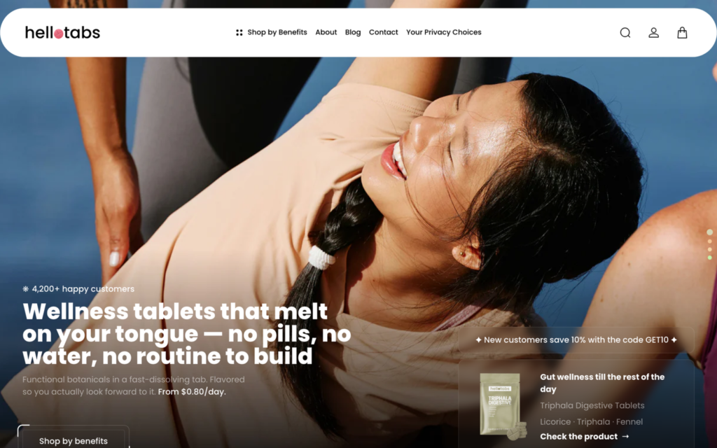 A homepage rebuilt section by section — the brand hero, benefit-led navigation and social proof, all editable from the Shopify theme editor.