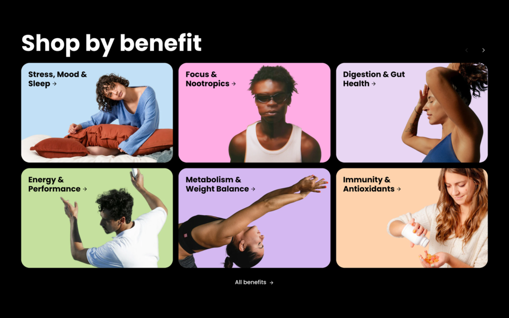 Shoppers navigate by outcome: a benefit-led “Shop by benefit” grid, each card in its own brand color.