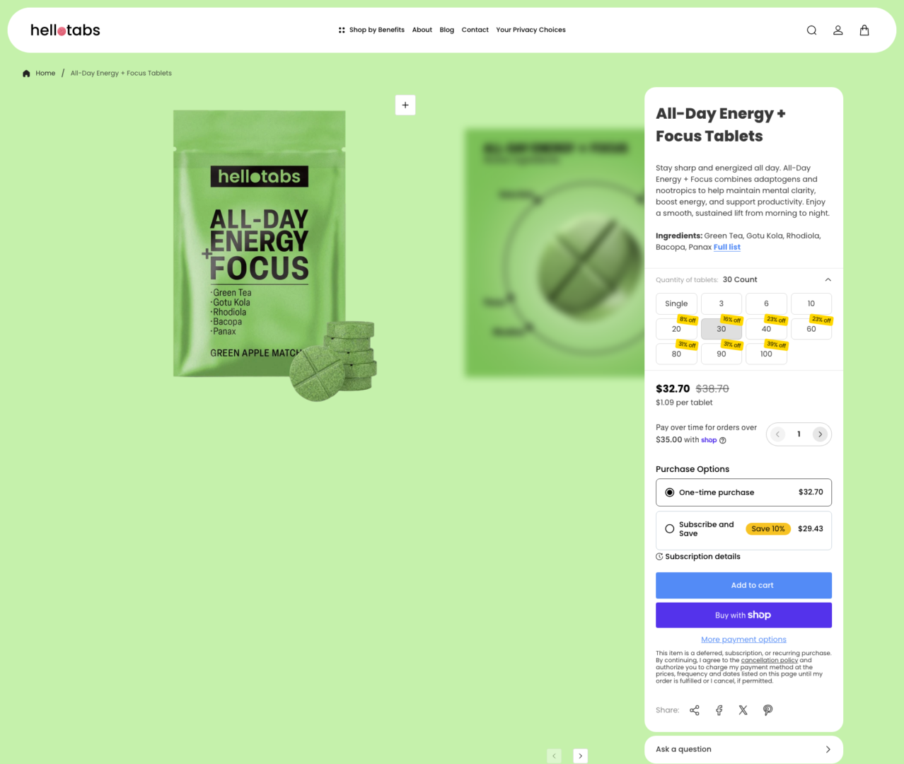 Hello Tabs All-Day Energy and Focus product page with complete purchase options