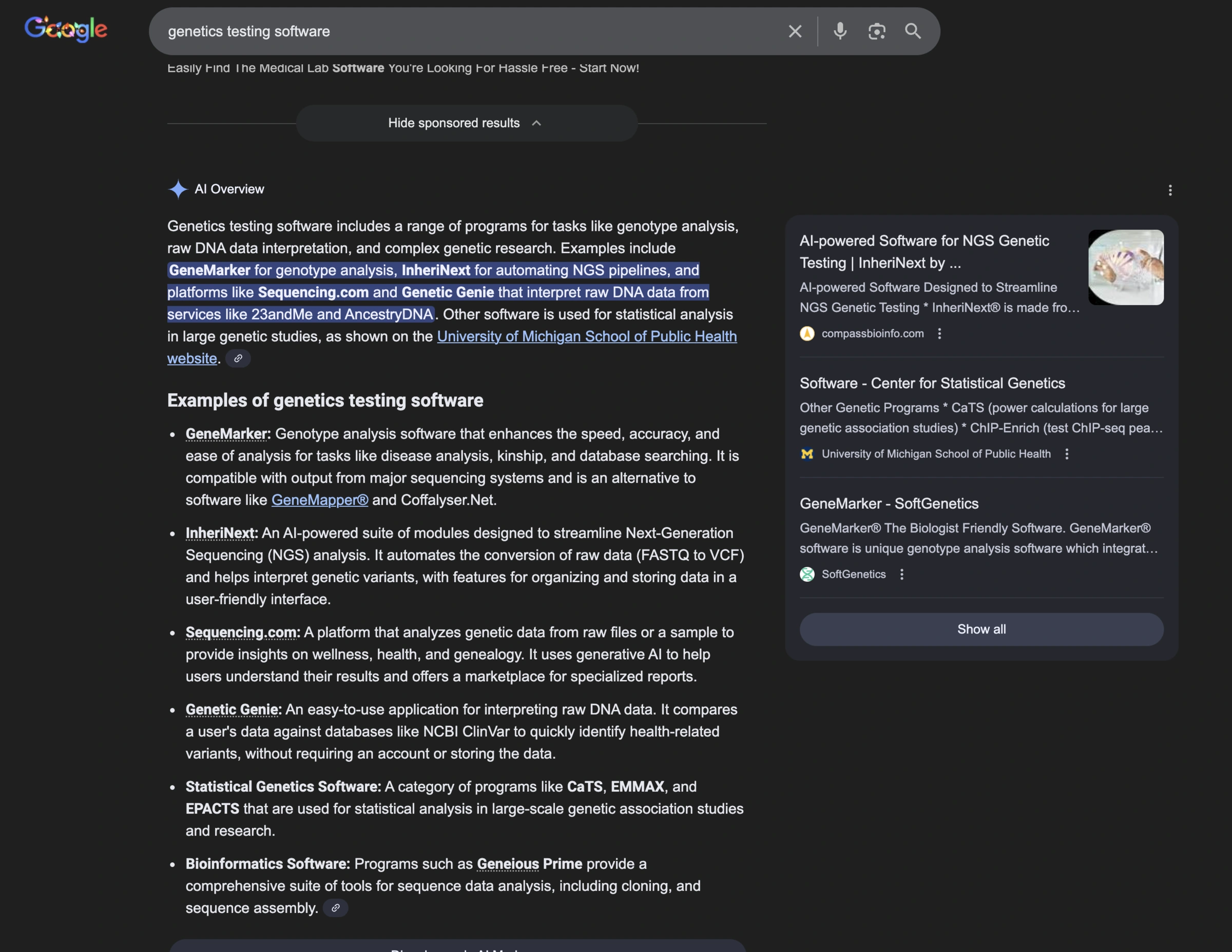InheriNext appearing in a Google AI Overview for genetic testing software