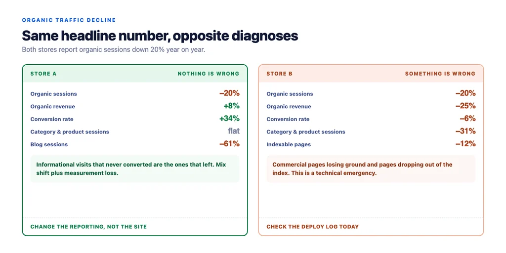 Two stores, the same session decline, opposite diagnoses