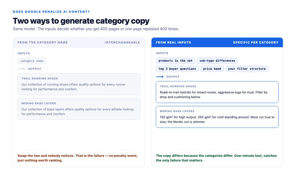 Two ways to generate category copy: from the category name alone, or from the products, the sub-type differences and the real buyer questions