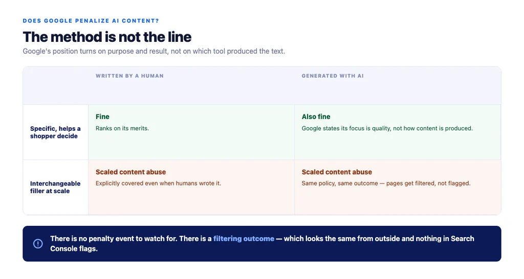 How Google's position on AI content actually applies: the method is not the line, the purpose and the result are