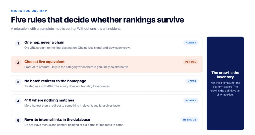 URL mapping rules that decide whether rankings survive a migration: one hop, closest equivalent, no batch redirects, 410 where nothing matches