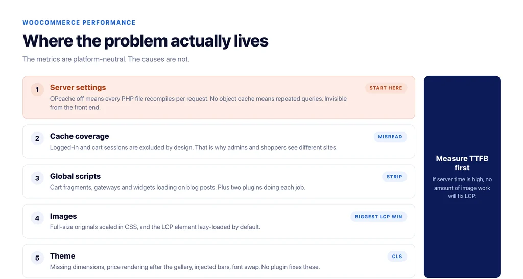 Where WooCommerce Core Web Vitals problems actually live: server settings, cache coverage, global scripts, images, theme